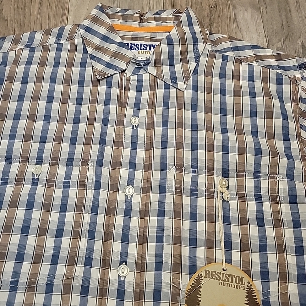 NWOT Resistol Mens Large‎ Blue Brown Checked Short Sleeve Western Style Shirt